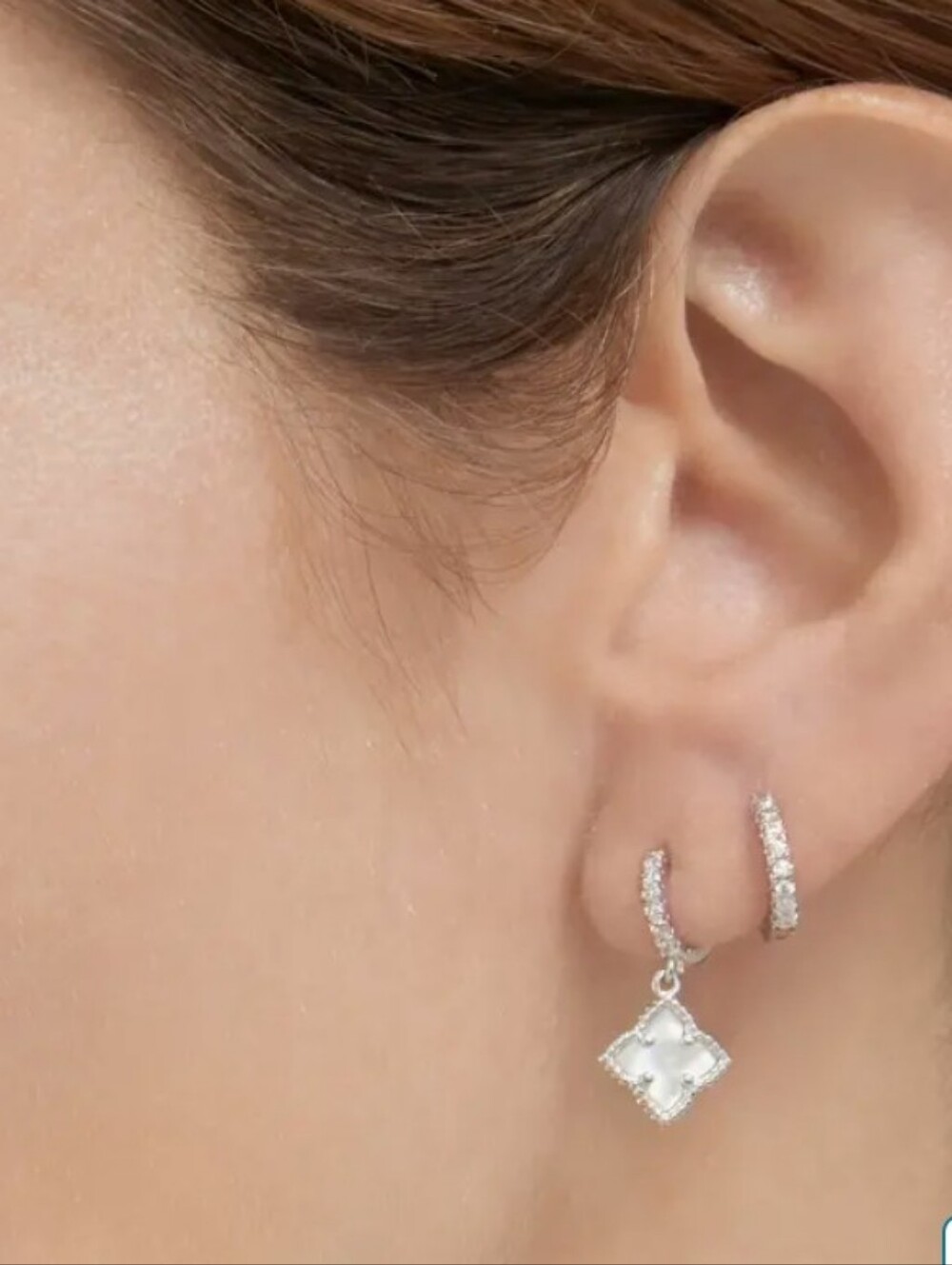 Adornia Swarovski Crystal Huggie Mother-of-Pearl Quatrefoil Drop Earrings Set